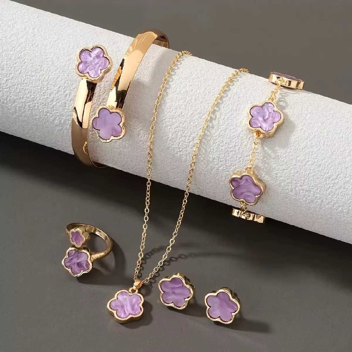 5Pcs/Set Women Jewelry Set Lucky Flower Decor Sparkling Rhinestones Necklace Bracelet Bangle Earrings Ring Set Fashion Jewelry