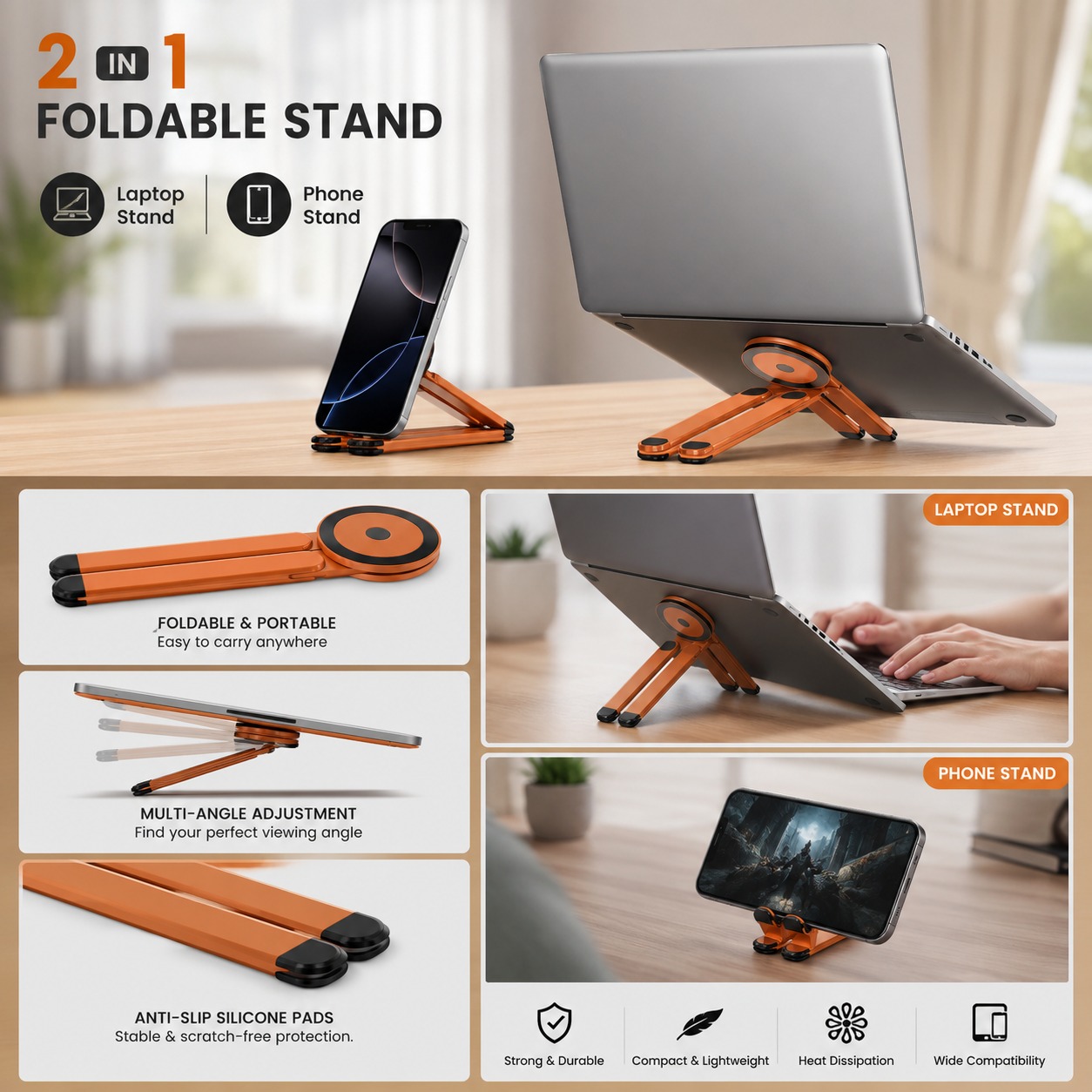 2-in-1 Foldable & Adjustable Laptop Stand / Mobile Phone Holder (Aluminum Alloy Metal Stand)