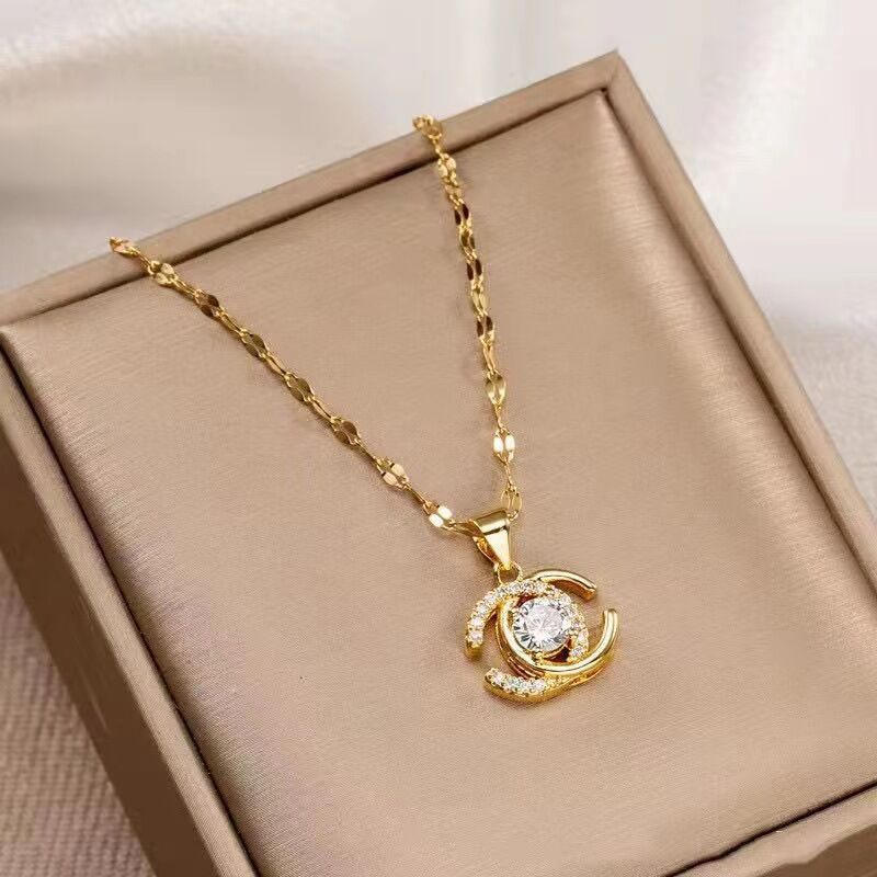 Korean Style Gold-Plated Crystal Pendant Necklace for Women (Stainless Steel Chain)